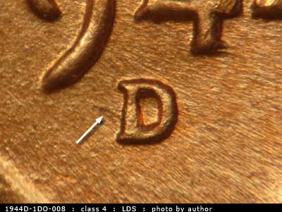 Die-stage C marker on 1944D•1DO•008 (1944 Doubled Die Obverse).
