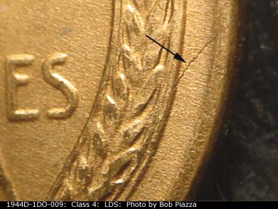 Die-stage C marker on 1944D•1DO•009 (1944 Doubled Die Obverse).