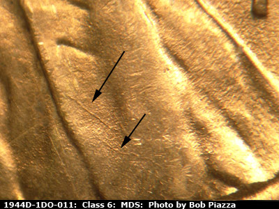 Die-stage B marker on 1944D•1DO•011 (1944 Doubled Die Obverse).