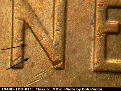 Die-stage B marker on 1944D•1DO•011 (1944 Doubled Die Obverse).