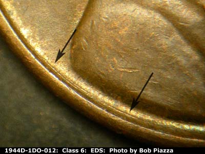 Die-stage A marker on 1944D•1DO•012 (1944 Doubled Die Obverse).
