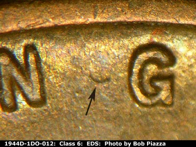 Die-stage A marker on 1944D•1DO•012 (1944 Doubled Die Obverse).