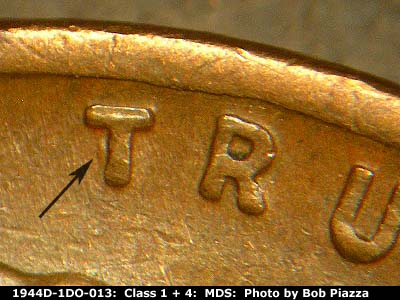 Die-stage B marker on 1944D•1DO•013 (1944 Doubled Die Obverse).