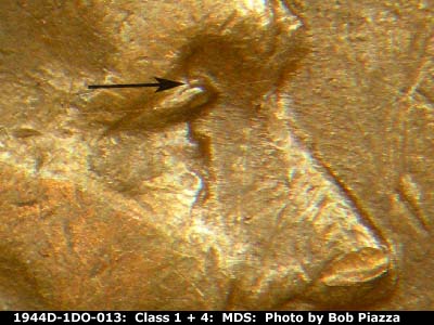 Die-stage B marker on 1944D•1DO•013 (1944 Doubled Die Obverse).
