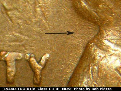 Die-stage B marker on 1944D•1DO•013 (1944 Doubled Die Obverse).