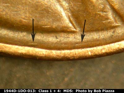 Die-stage B marker on 1944D•1DO•013 (1944 Doubled Die Obverse).