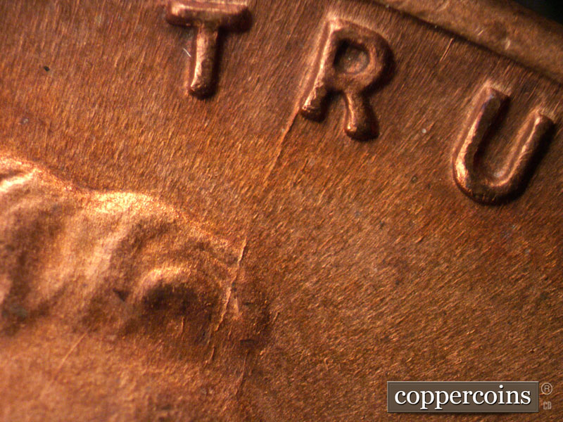 Die-stage B marker on 1944D•1DO•014 (1944 Doubled Die Obverse).