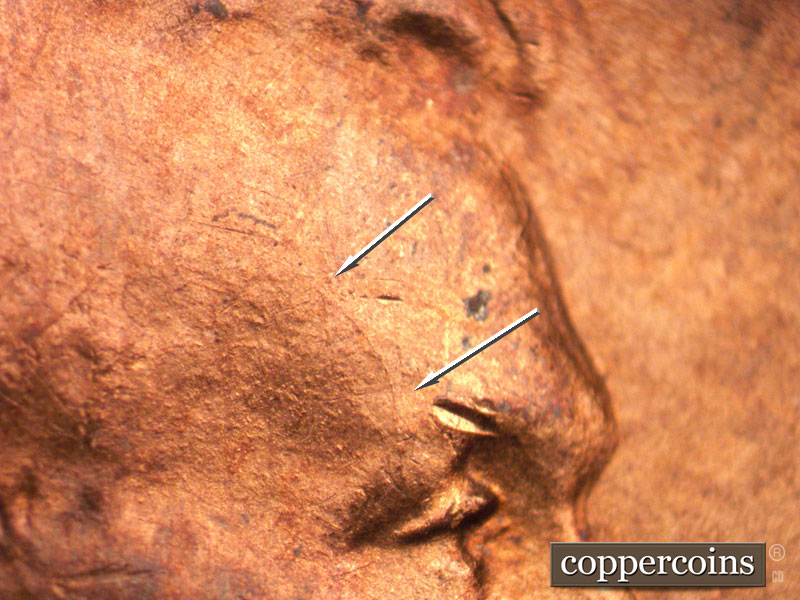 Die-stage B marker on 1944D•1DO•014 (1944 Doubled Die Obverse).