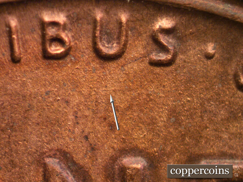 Die-stage B marker on 1944D•1DO•014 (1944 Doubled Die Obverse).