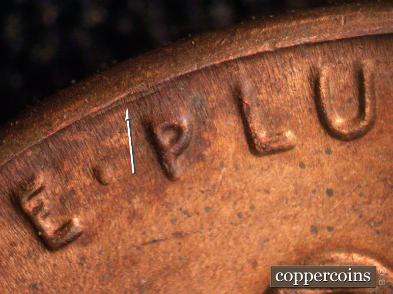 Die-stage B marker on 1944D•1DO•014 (1944 Doubled Die Obverse).