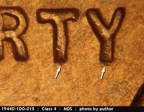 Die-stage B marker on 1944D•1DO•015 (1944 Doubled Die Obverse).