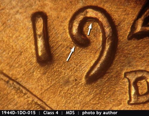Die-stage B marker on 1944D•1DO•015 (1944 Doubled Die Obverse).