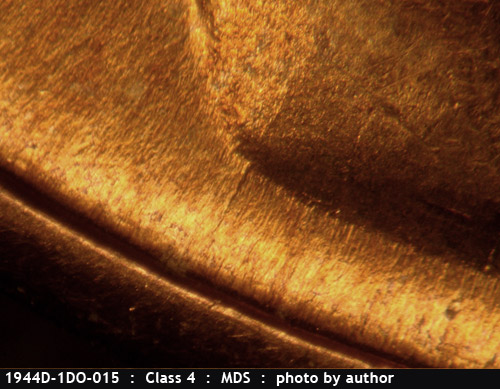 Die-stage B marker on 1944D•1DO•015 (1944 Doubled Die Obverse).