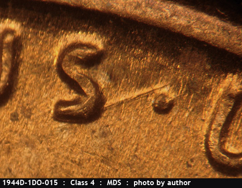 Die-stage B marker on 1944D•1DO•015 (1944 Doubled Die Obverse).
