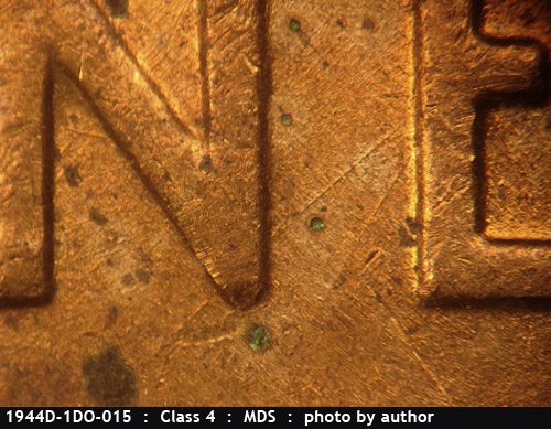 Die-stage B marker on 1944D•1DO•015 (1944 Doubled Die Obverse).