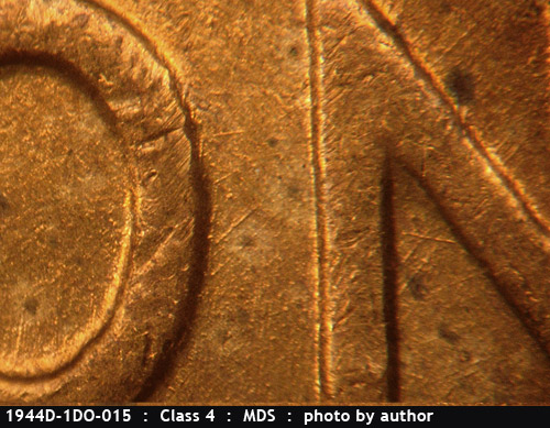 Die-stage B marker on 1944D•1DO•015 (1944 Doubled Die Obverse).