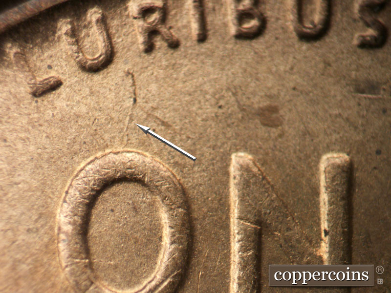 Die-stage B marker on 1944D•1DO•017 (1944 Doubled Die Obverse).