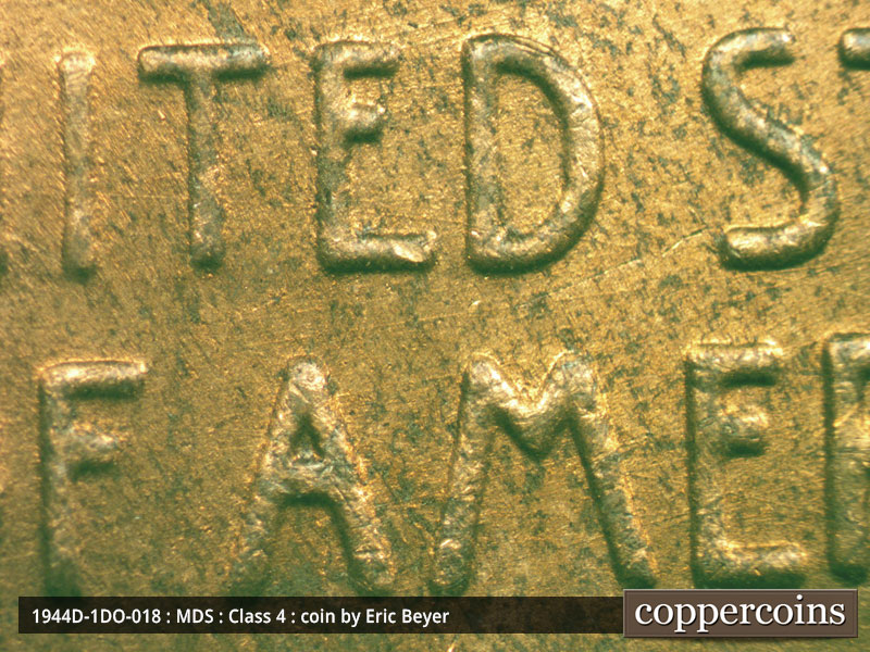 Die-stage B marker on 1944D•1DO•018 (1944 Doubled Die Obverse).