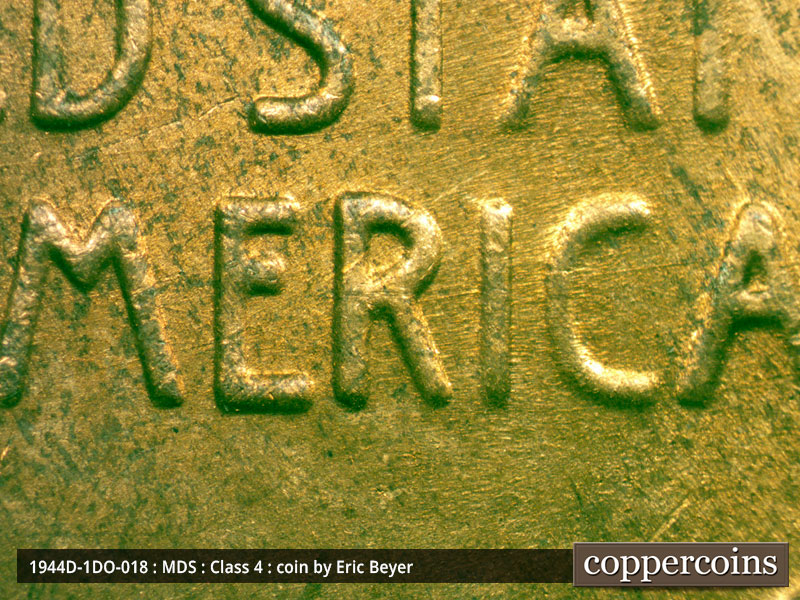 Die-stage B marker on 1944D•1DO•018 (1944 Doubled Die Obverse).