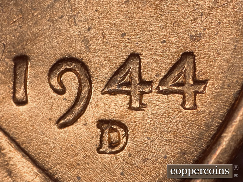Die-stage B marker on 1944D•1DO•020 (1944 Doubled Die Obverse).