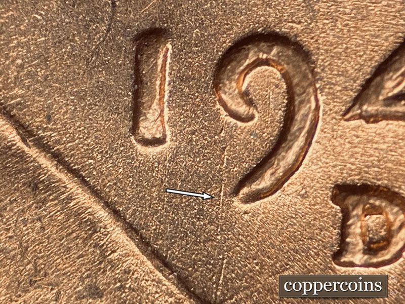 Die-stage B marker on 1944D•1DO•020 (1944 Doubled Die Obverse).