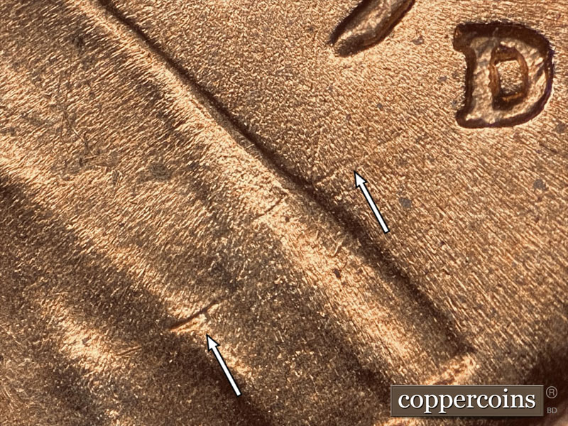 Die-stage B marker on 1944D•1DO•020 (1944 Doubled Die Obverse).