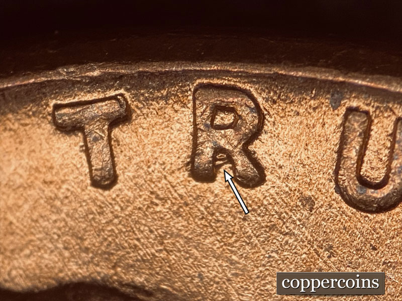 Die-stage B marker on 1944D•1DO•020 (1944 Doubled Die Obverse).