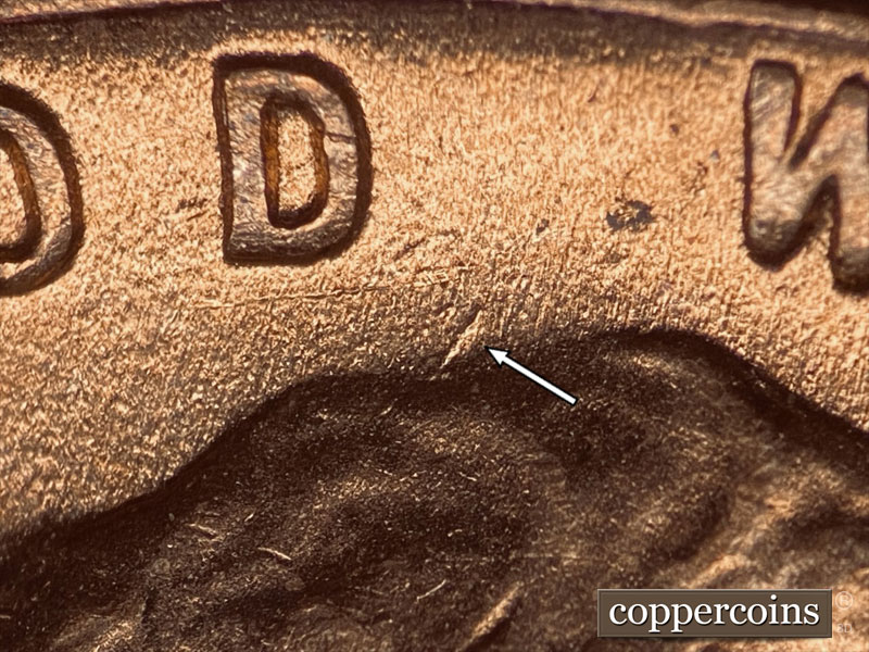 Die-stage B marker on 1944D•1DO•020 (1944 Doubled Die Obverse).