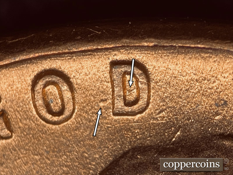 Die-stage B marker on 1944D•1DO•020 (1944 Doubled Die Obverse).
