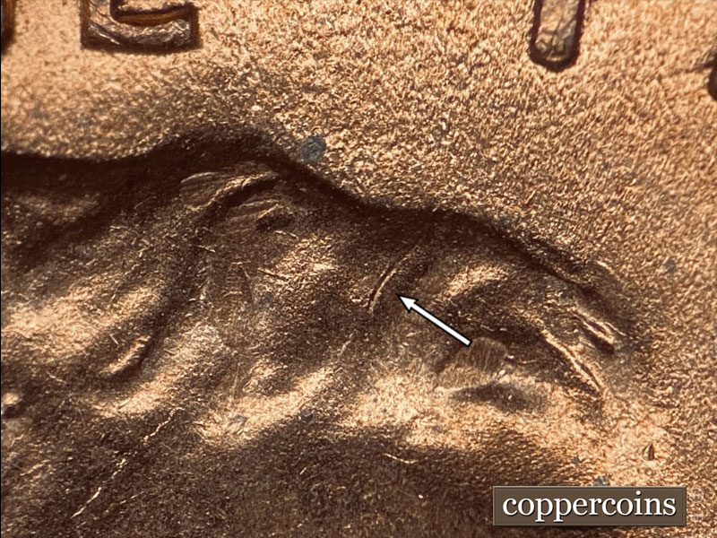 Die-stage B marker on 1944D•1DO•020 (1944 Doubled Die Obverse).