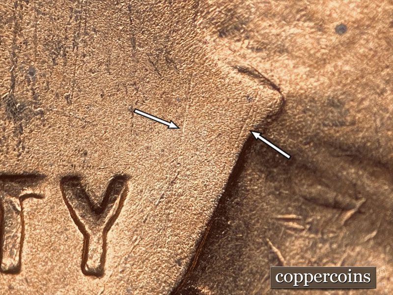 Die-stage B marker on 1944D•1DO•020 (1944 Doubled Die Obverse).