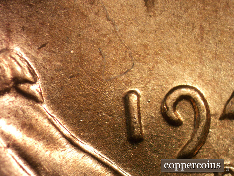 Die-stage A marker on 1944D•1DO•021 (1944 Doubled Die Obverse).