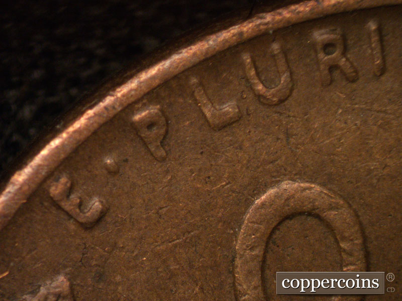 Die-stage C marker on 1944D•1DR•001 (1944 Doubled Die Reverse).