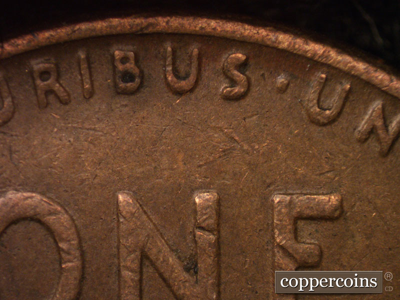 Die-stage C marker on 1944D•1DR•001 (1944 Doubled Die Reverse).