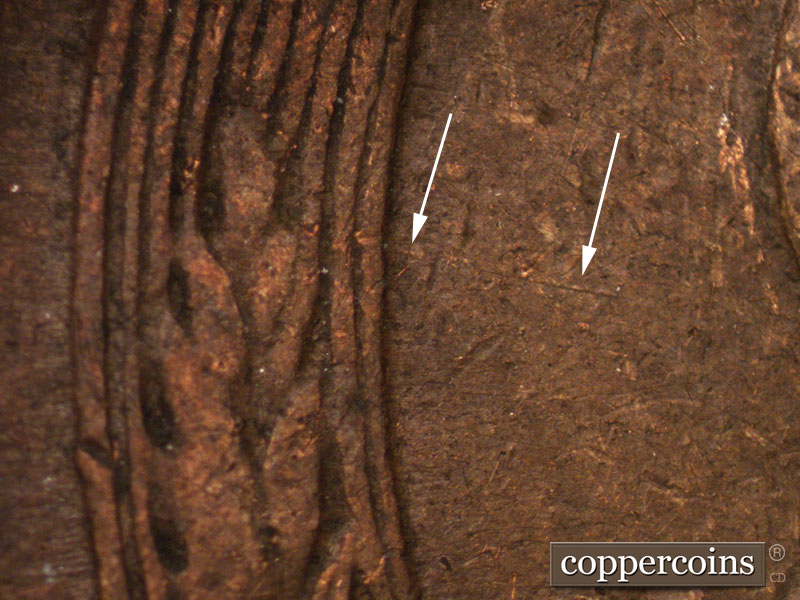 Die-stage C marker on 1944D•1DR•001 (1944 Doubled Die Reverse).