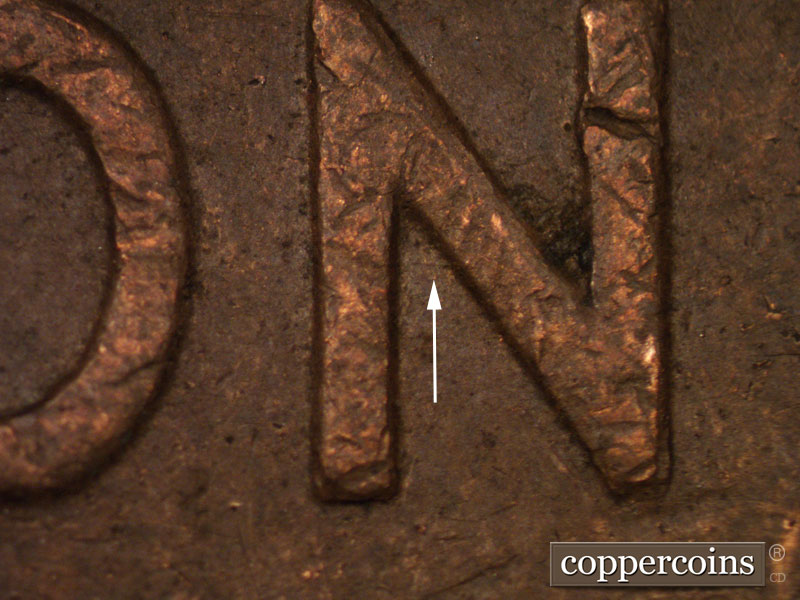 Die-stage C marker on 1944D•1DR•001 (1944 Doubled Die Reverse).