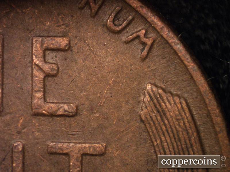 Die-stage C marker on 1944D•1DR•001 (1944 Doubled Die Reverse).