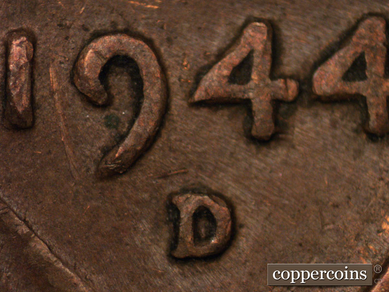 Die-stage C marker on 1944D•1DR•001 (1944 Doubled Die Reverse).