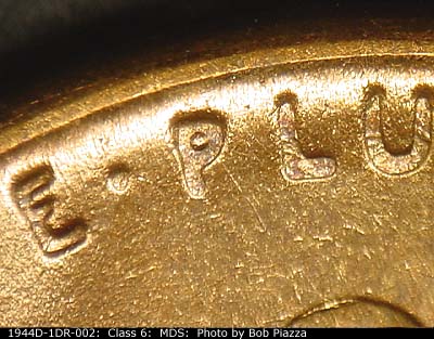 Die-stage B marker on 1944D•1DR•002 (1944 Doubled Die Reverse).