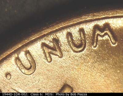 Die-stage B marker on 1944D•1DR•002 (1944 Doubled Die Reverse).