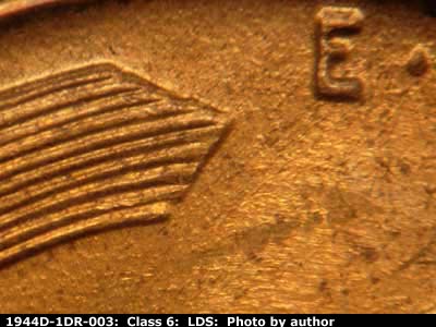 Die-stage C marker on 1944D•1DR•003 (1944 Doubled Die Reverse).