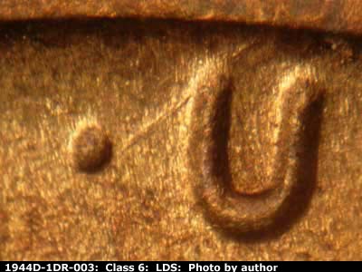 Die-stage C marker on 1944D•1DR•003 (1944 Doubled Die Reverse).