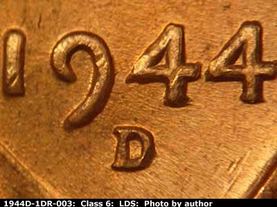 Die-stage C marker on 1944D•1DR•003 (1944 Doubled Die Reverse).