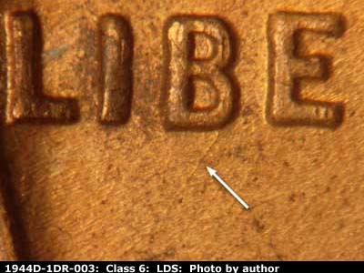 Die-stage C marker on 1944D•1DR•003 (1944 Doubled Die Reverse).