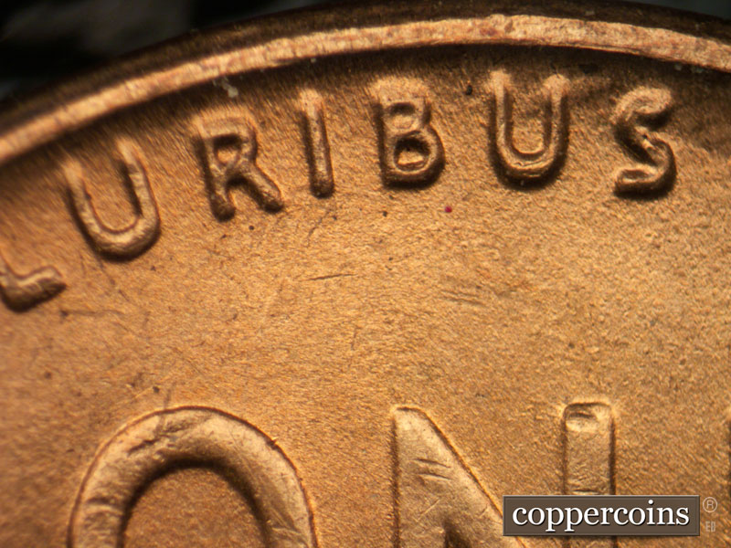 Die-stage B marker on 1944D•1DR•005 (1944 Doubled Die Reverse).