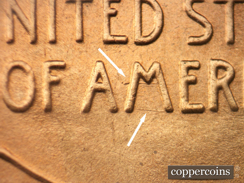 Die-stage B marker on 1944D•1DR•005 (1944 Doubled Die Reverse).