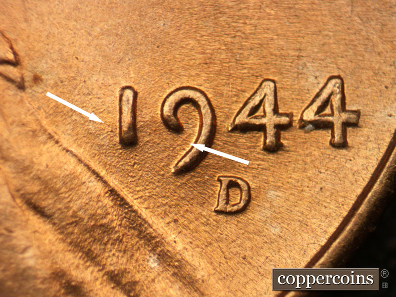 Die-stage B marker on 1944D•1DR•005 (1944 Doubled Die Reverse).