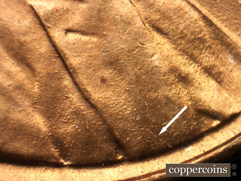 Die-stage B marker on 1944D•1DR•005 (1944 Doubled Die Reverse).