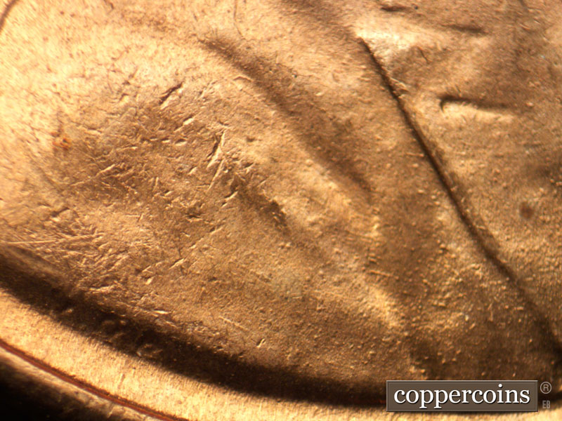 Die-stage B marker on 1944D•1DR•005 (1944 Doubled Die Reverse).