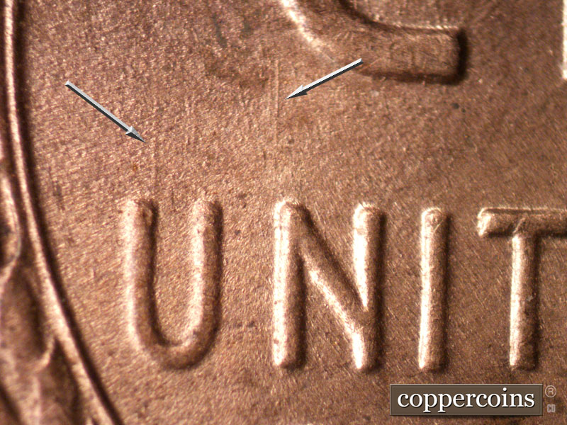 Die-stage B marker on 1944D•1MM•001 (1944 Repunched Mint Mark).